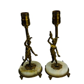 Art Deco Gilt Bronze Onyx Figural Desk Lamps PAIR