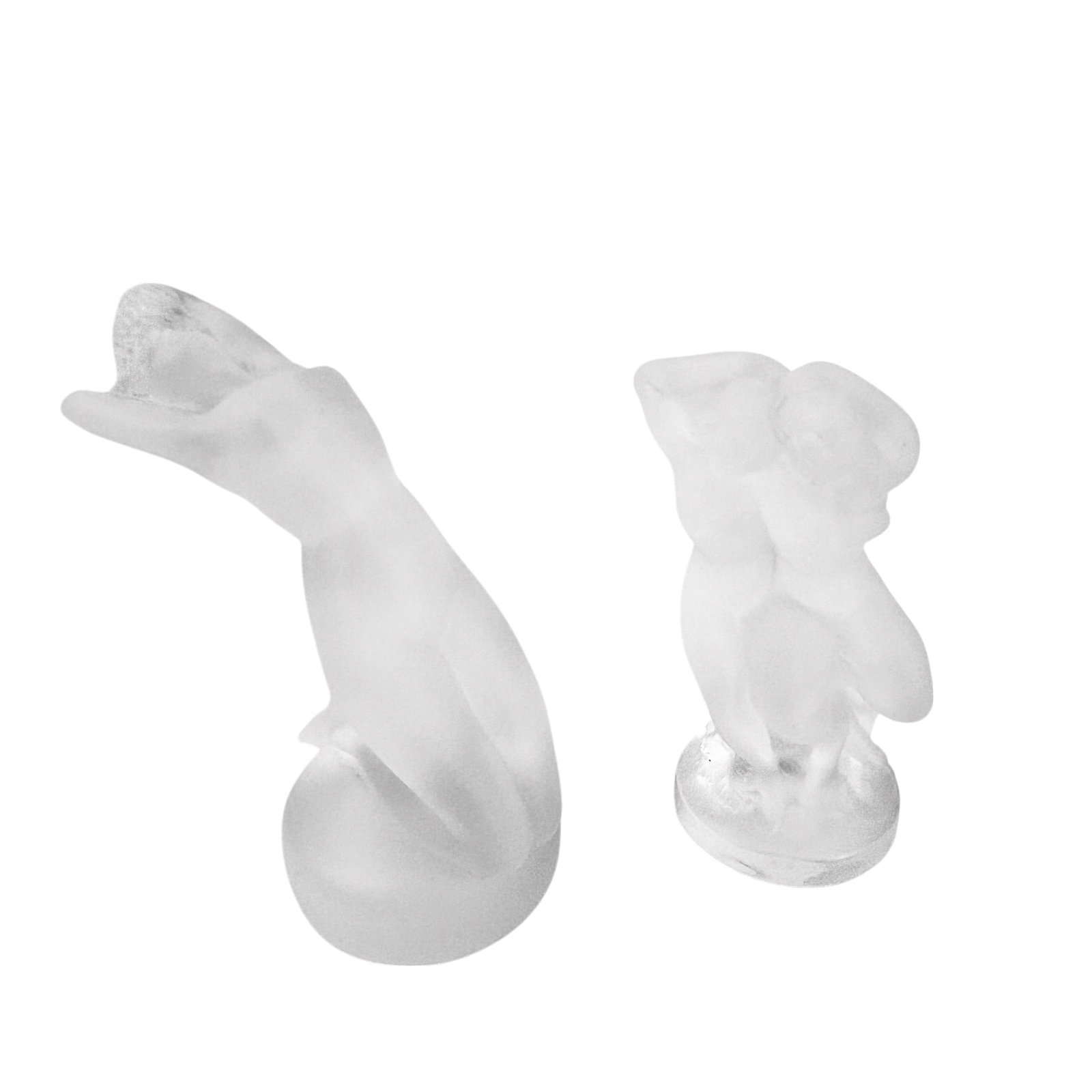 Lalique Crystal Chrysis & Le Faune Glass Figurines: Pair of 20th century France Lalique French frosted crystal sculptures. Includes ~ One titled "Chrysis", depicting a kneeling nude with her hair flowing backwards, striking that was inspired by an Art 