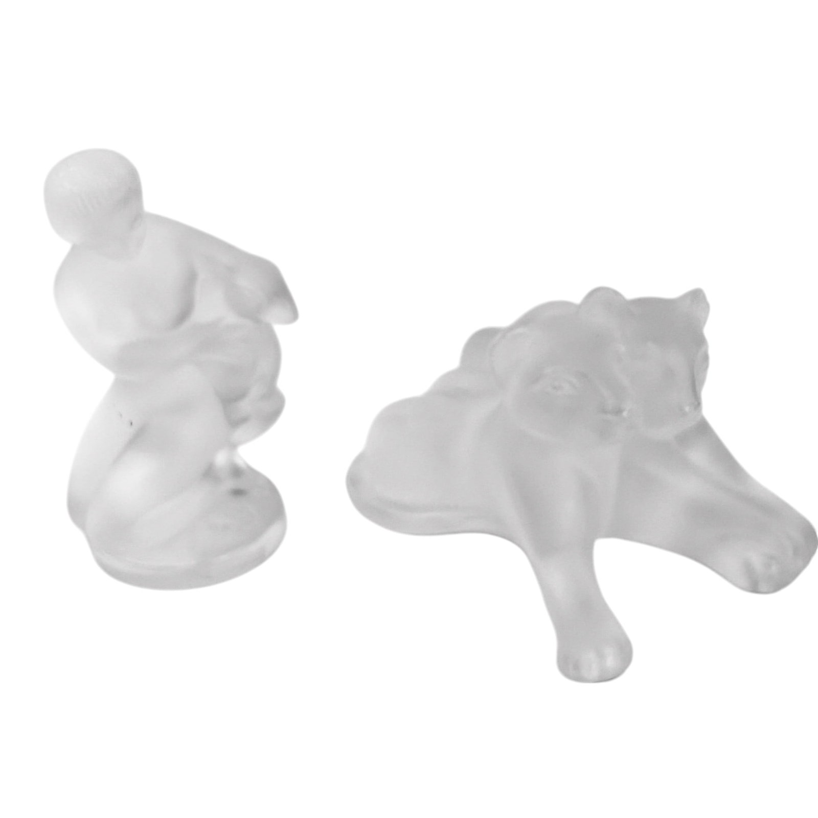 Lalique Twambee Lion Cubs & Diana w/ Fawn Figurine: A pair of 20th century France Lalique French frosted crystal figurines. Includes ~ One (1) Titled "Twambee" ~ featuring a pair of resting playful lion cubs resting side by side. One (1) Diana with Faw