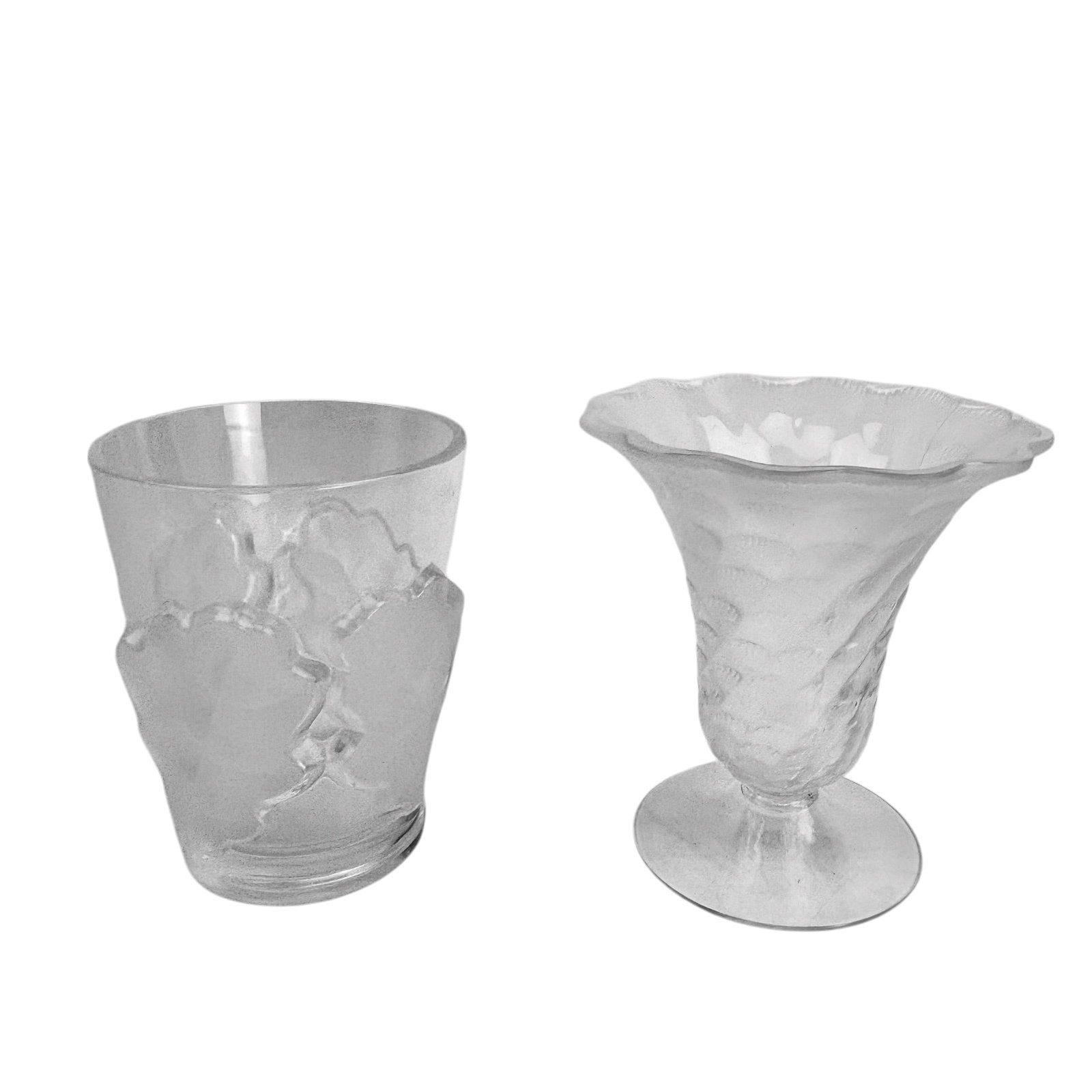 Lalique Crystal Cornet & Chene Art Glass Vase LOT: Pair of 20th century France Lalique French frosted crystal art glass display vases. Includes ~ One (1) Cornet vase that is decorated with a tornado effect with a scalloped edge rim border. One (1) Che