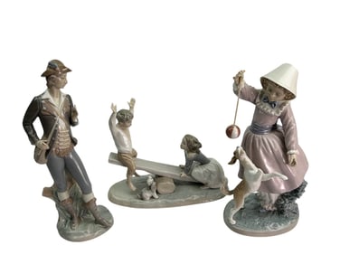 Lladro Teasing the Dog Seesaw Country Man 3pc LOT