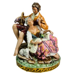 Antique Porcelain Romantic Couple w Lamb Figurine