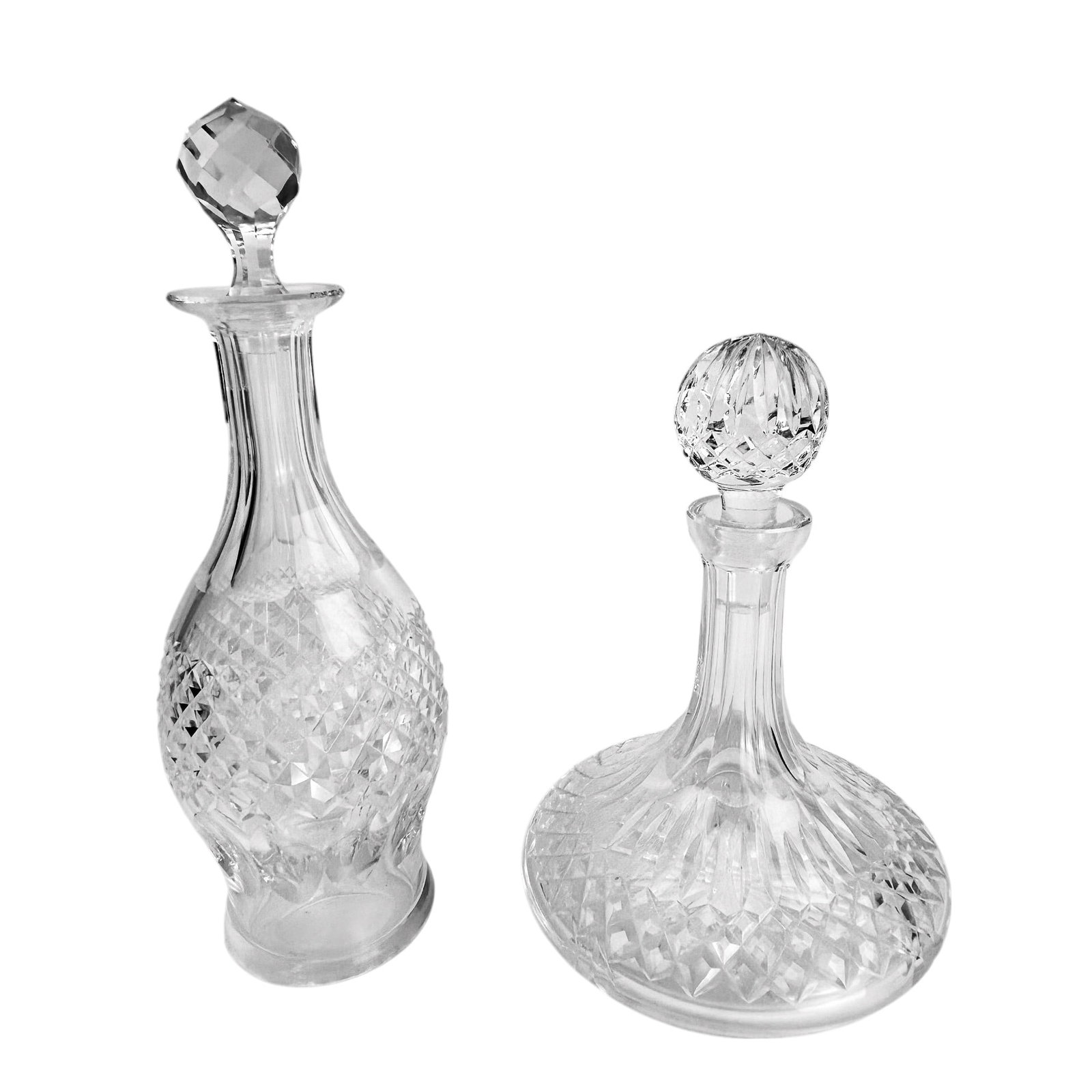 Waterford Irish Crystal Wine & Ship Decanter LOT: Waterford Irish clear crystal art glass bar barware decanters, featuring a retired Colleen pattern (1968 - 2018) wine decanter with a faceted stopper and a Lismore pattern circa 1952 ship decanter wit