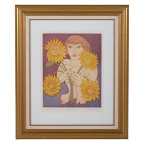 G Chung 20thC Sunflowers Figural Floral Lithograph