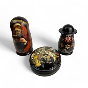 Jewish Judaica Russian Nesting Dolls & Oval Box 3p
