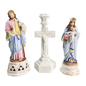 Milk Glass Crucifix Jesus Mary Porcelain Statue 3p