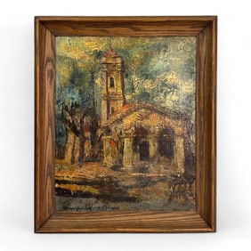 Old French Church Landscape Oil Painting SIGNED
