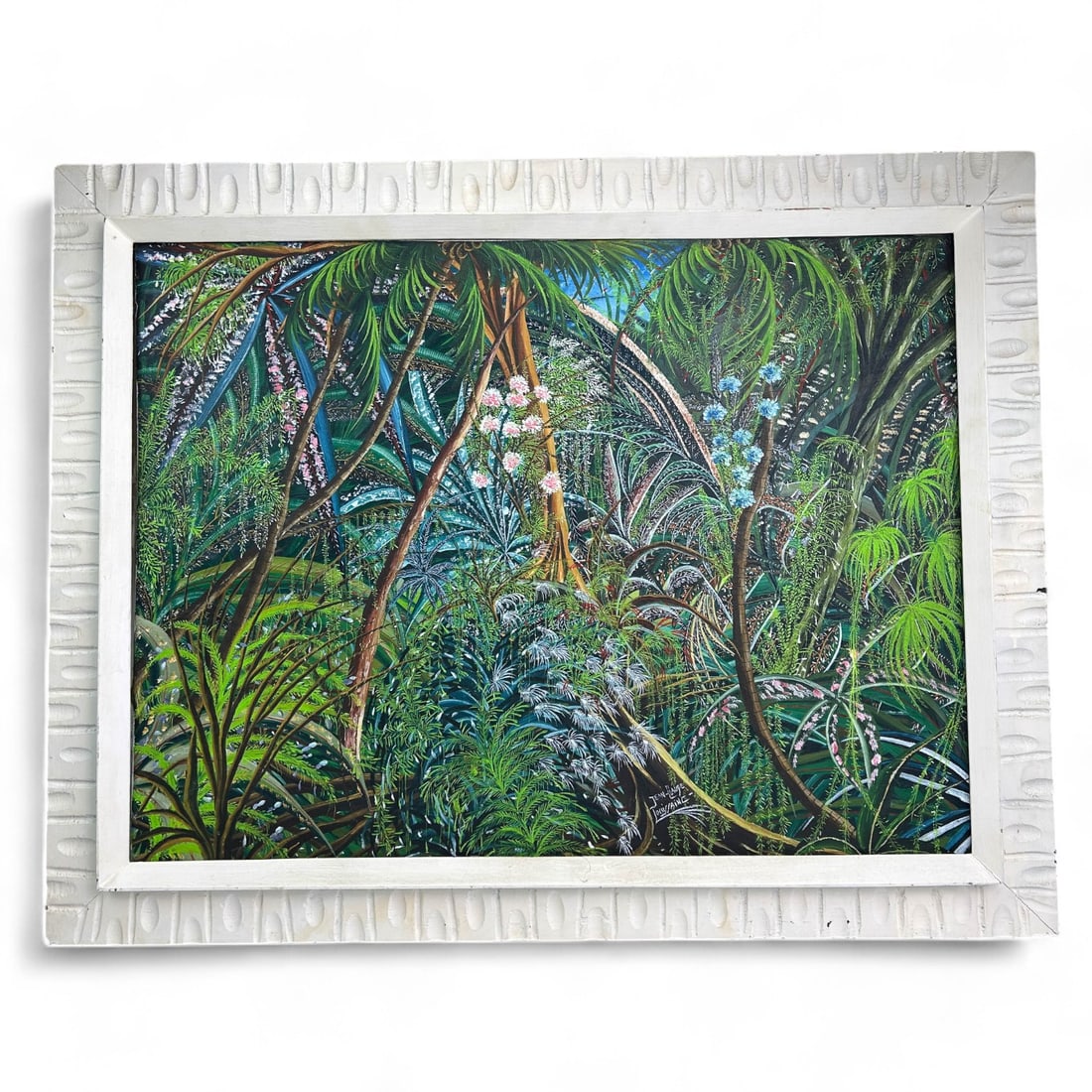 Jean Claude Haitian Folk Art Jungle Oil Painting: Jean Claude (Haitian, 20th Century) oil on canvas painting depicting lush tropical foliage intricately detailed in shades of green, accented with soft pink, blue, and white blossoms. Signed by the art