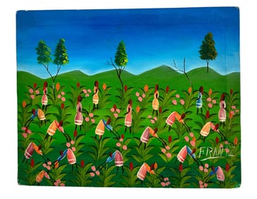 Frantz Haitian 20th C Field Workers Oil Painting