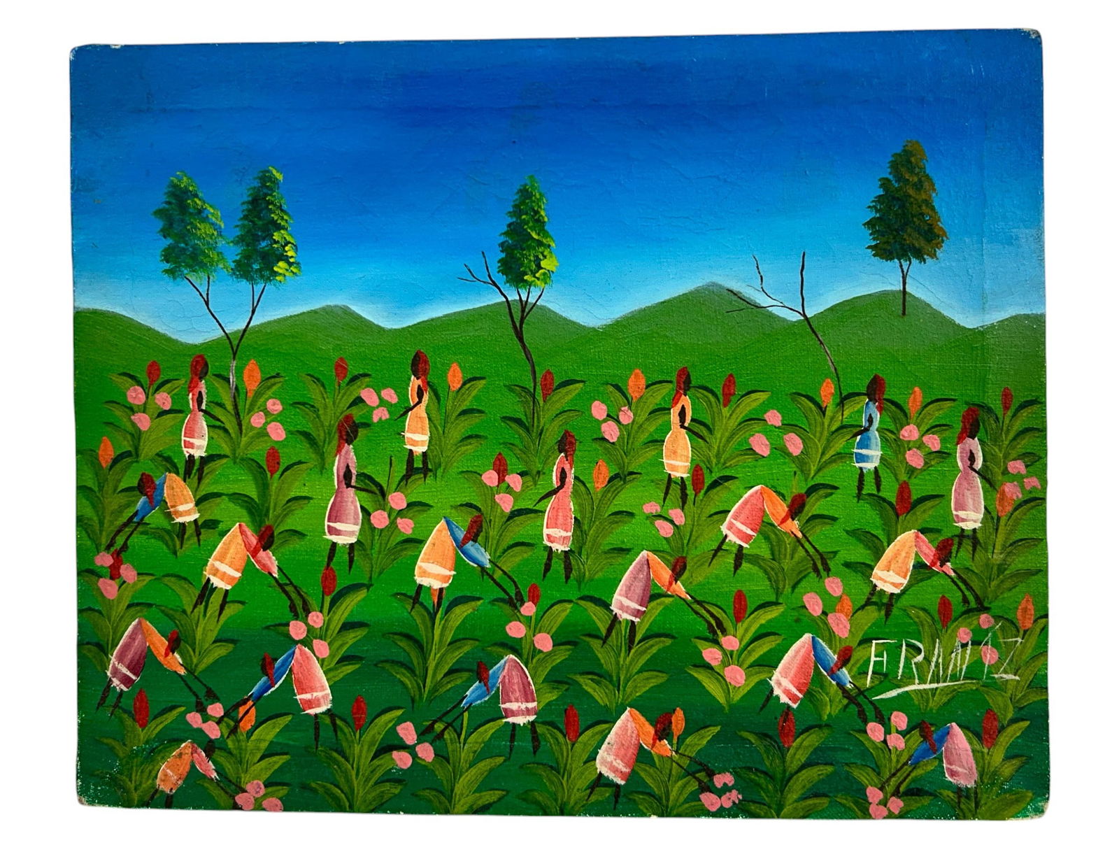 Frantz Haitian 20th C Field Workers Oil Painting (1 of 3)
