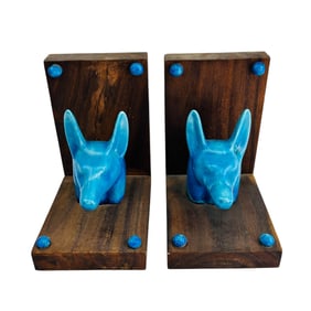 Turquoise Anubis Ceramic Head Wooden Bookends
