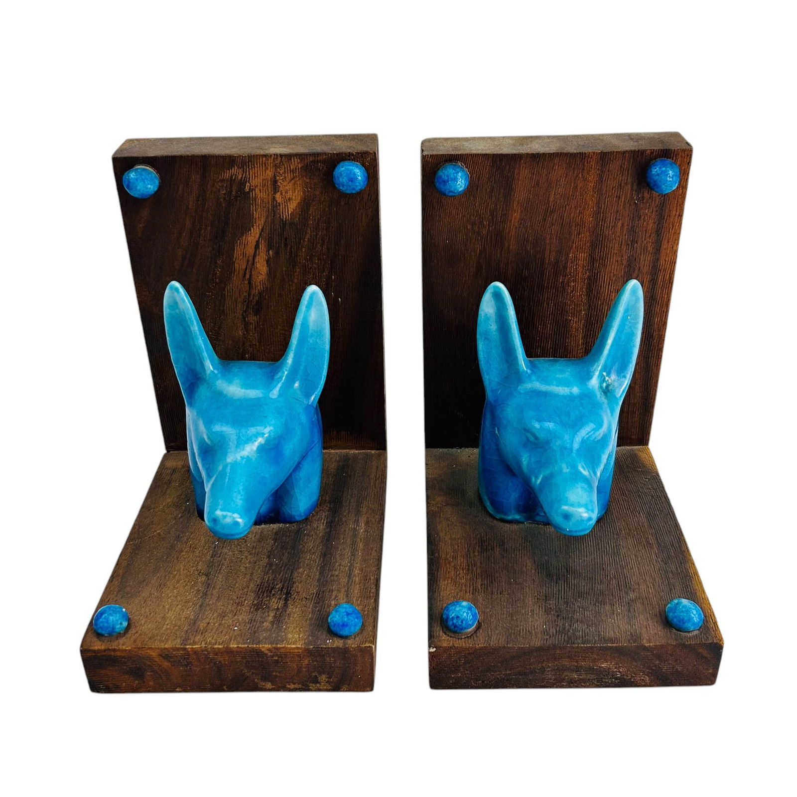 Turquoise Anubis Ceramic Head Wooden Bookends (1 of 3)
