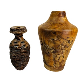 Turned Wood Signed Vase & Banksia Pod Vessel LOT