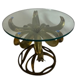 Hollywood Regency Gilt Lily w/ Glass Top End Table