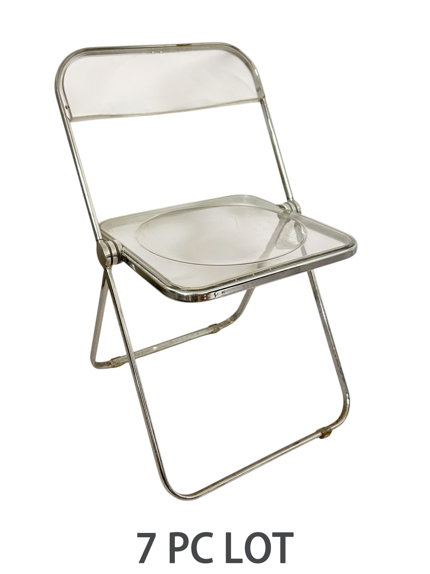 Anonima Castelli Piretti Plia Folding Chairs Set 7: Set of seven (7) Plia folding chairs designed in 1967 by Giancarlo Piretti. These mid century modern chairs feature clear lucite acrylic seats and backs with chrome plated steel frames. Lightweight an