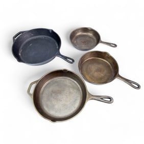 Set Four Cast Iron Skillets Two Lodge Pans Vintage