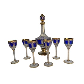 Moser Cobalt Blue Gold Gilt Decanter w/6 Cordials