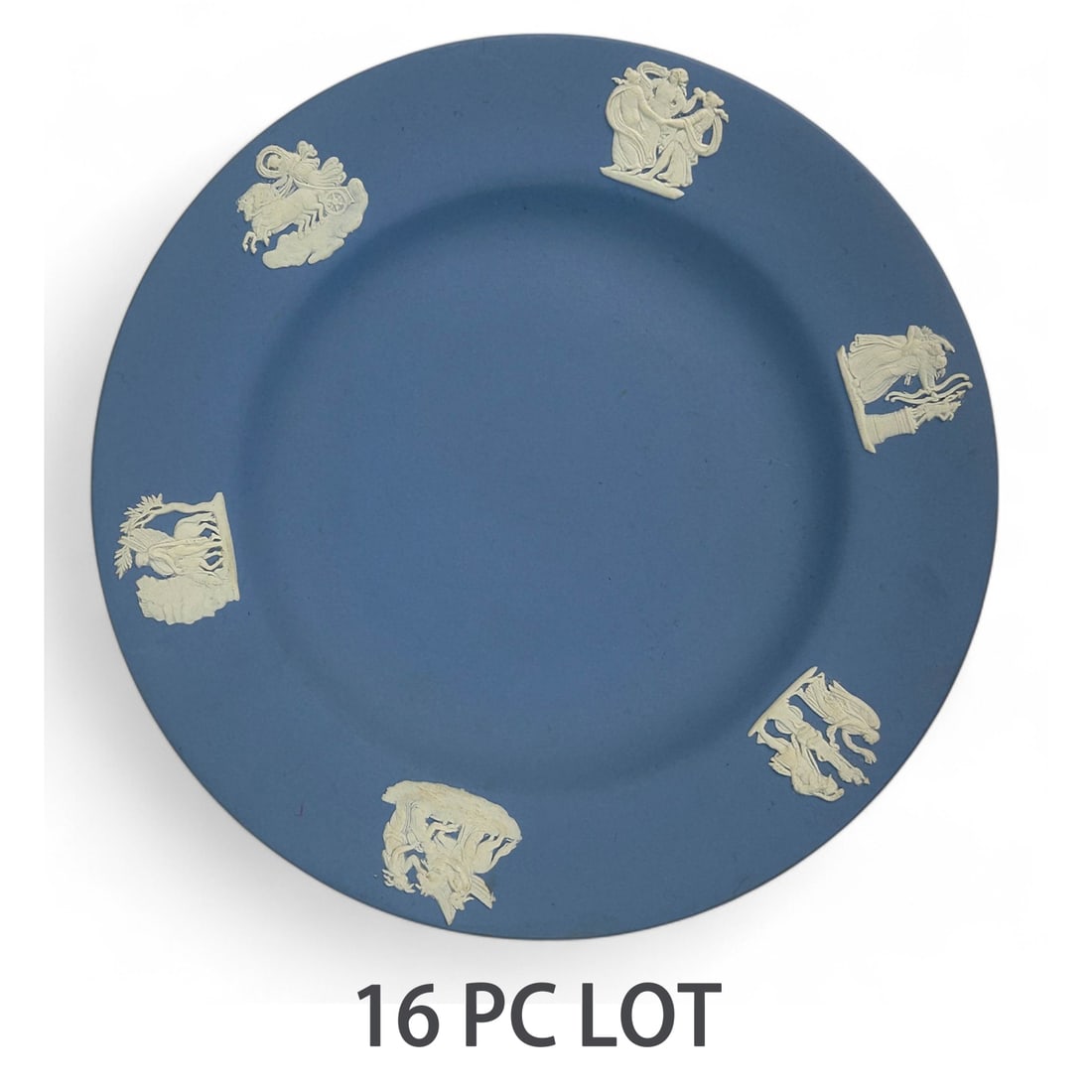 Wedgwood Blue Jasperware Bread Butter Plates 16pc: A set of a total of sixteen (16) Wedgwood England Blue Jasperware bread and butter serving plates. All featuring the iconic neoclassical design in white relief of mythological scenes with winged angel