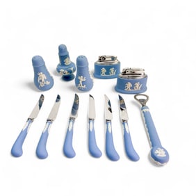 Wedgwood Blue Jasperware Knife Set Lighter Shakers