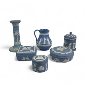 Wedgwood Blue Jasperware Box Candle Holder Jug 6pc