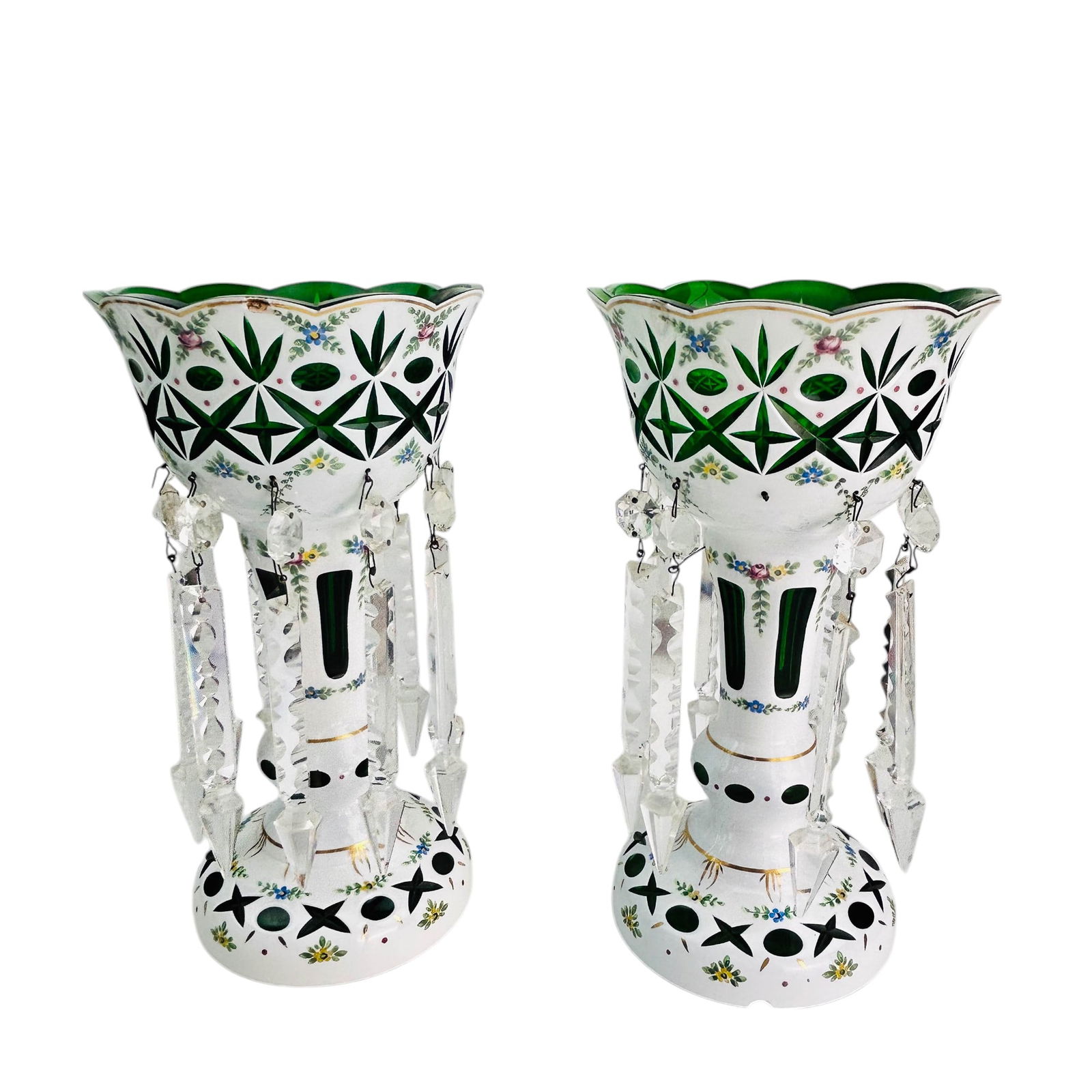 Bohemian Emerald Green Cut Clear Glass Luster PAIR: Bohemian Czech crystal cut-to-clear art glass mantle lusters featuring emerald green and white detailing with intricate hand-painted floral designs, traditional patterns, and gilt accents. The scallop