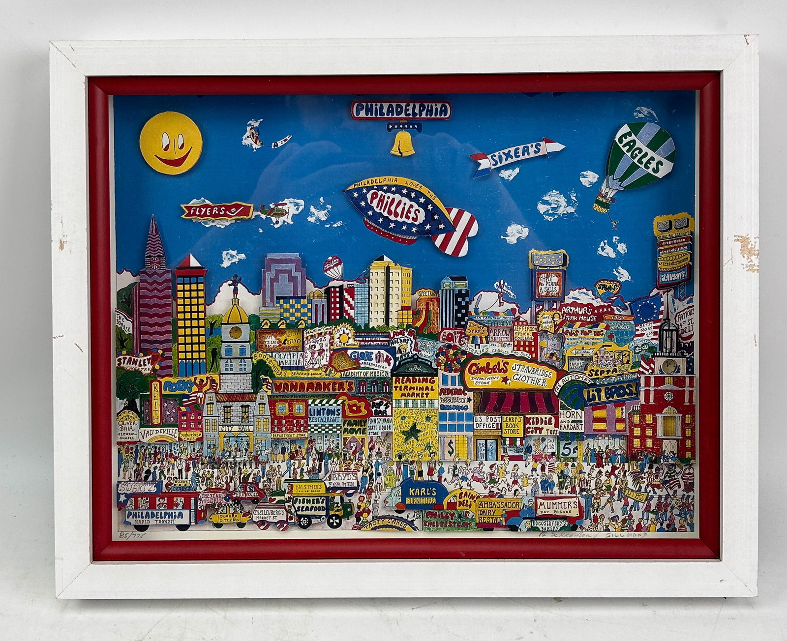 Al Schreiber Jill Hand Philadelphia 3D Pop Art LE: Al Schreiber (American, 1929) and Jill Hand limited edition 3 D construction pop art. Features layered, hand painted details that bring iconic Philadelphia landmarks, cultural symbols and scenes to li