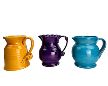 Horchow Blue Yellow Purple Ceramic Pitcher Jug 3pc