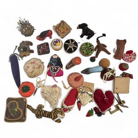 Brass Sewing Bird Clamp & Whimsical Pincushion Lot