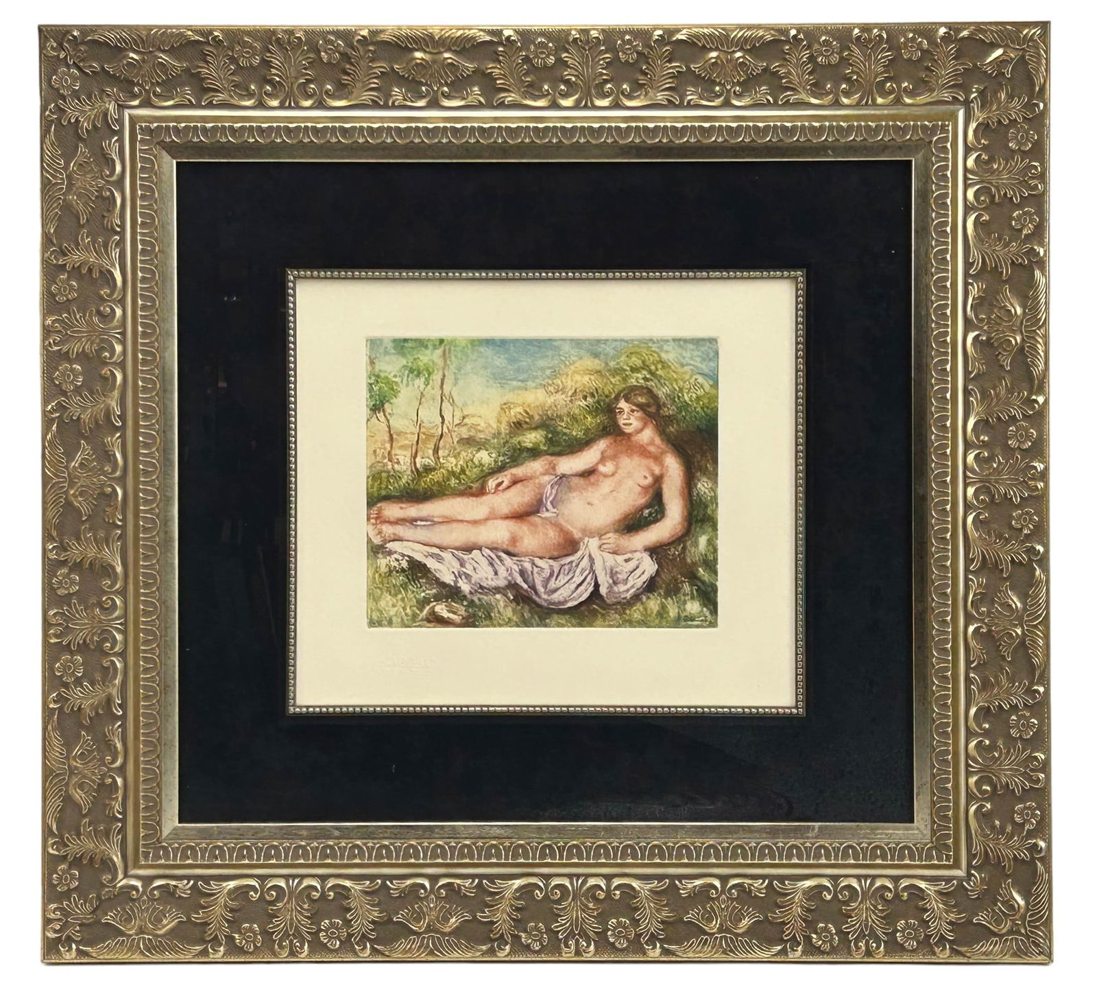 Pierre Auguste Renoir 1841-1919 Color Lithograph: Pierre Auguste Renoir (French, 1841 - 1919). Colored litho on paper. Depicts a reclining nude in a wooded type outdoor setting. Signed ~ stamped / printed name in the plate lower right. A. Vollard Fon