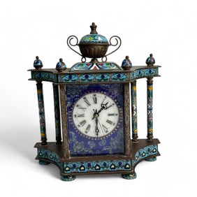 Chinese Enamel Champleve Bronze Wind Up Desk Clock