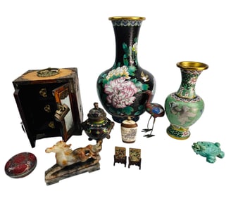 Chinese Enamel Champleve Bronze Wind Up Desk Clock