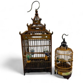 Chinese Carved Bamboo & Wood Bird Cage 2pc LOT