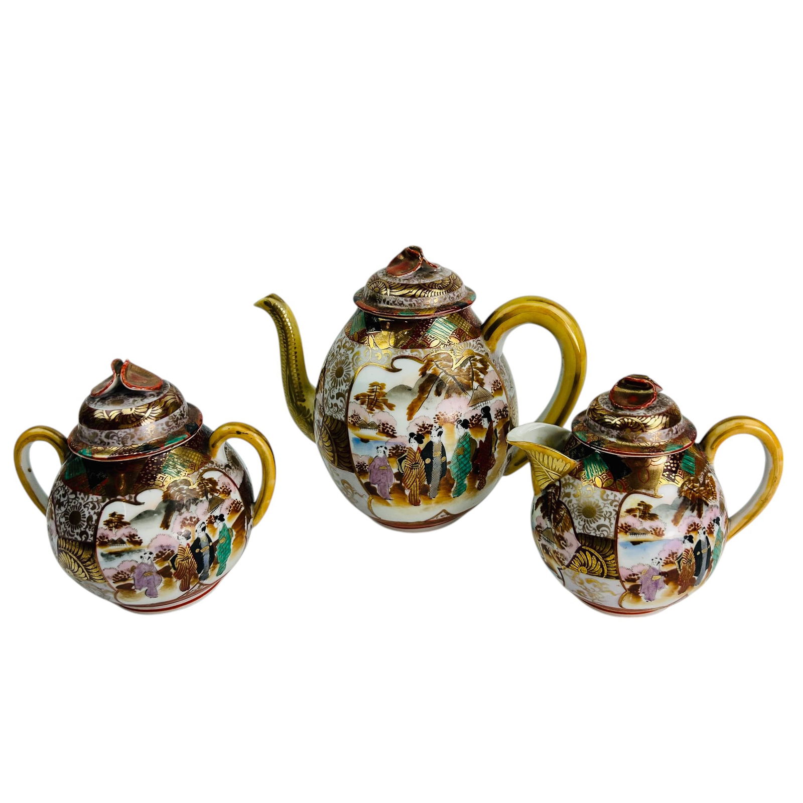 Japanese Kutani Porcelain Teapot Creamer Sugar 3pc (1 of 9)