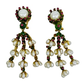 14K Gold PR Moghul Style Ruby Pearl Jade Earrings