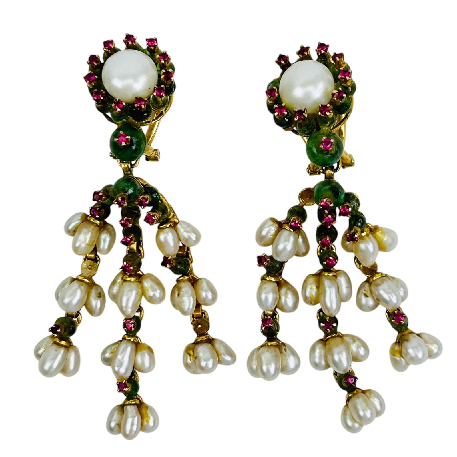14K Gold PR Moghul Style Ruby Pearl Jade Earrings (1 of 10)