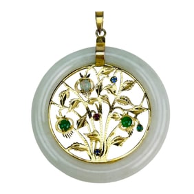 14K Gold White Jade Necklace Pendant w Gemstones