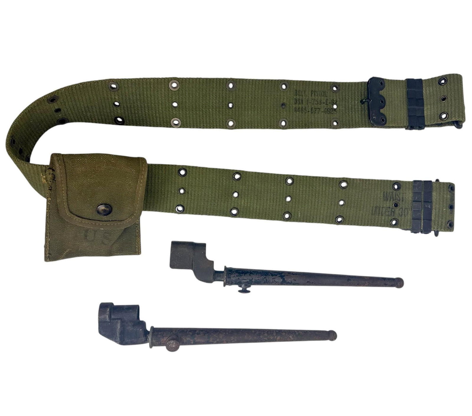 Metal Spike Bayonets & US Military Pistol Belt LOT: Includes ~ One (1) U.S. military issue green canvas pistol belt featuring multiple grommet holes for adjustable sizing and attachment of gear. The belt includes an affixed canvas pouch with a snap clo