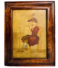 Antique Genre Scene Old Man w Book Oil Painting