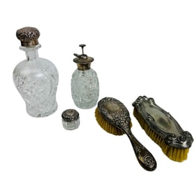 Sterling Mounted Glass Bottle & Clothes Brush LOT