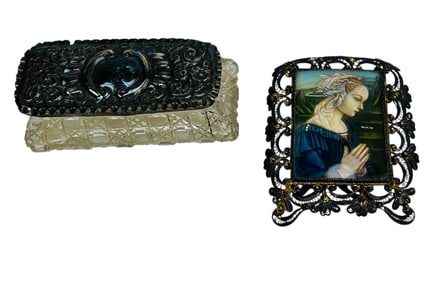 800 Silver Frame w Painting & Sterling Crystal Box