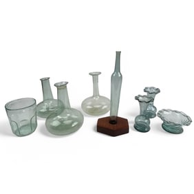 Antique European Green Glass Vase Bottle Dish LOT