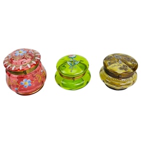 Cranberry Amber Green Glass Enamel Dresser Jar LOT