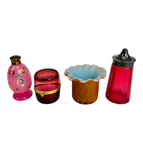 Diamond Quilt Cranberry & Pink Enamel Glass 4p LOT