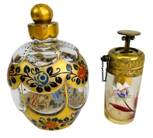 Gold Gilt Enamel Floral Glass Perfume Bottle 2pc