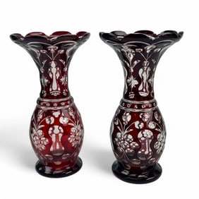 Bohemian Crystal Cranberry Cut Clear Floral Vases