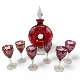 Czech Ruby Red Cut to Clear Decanter w 6 Cordials
