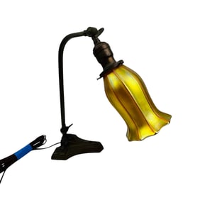 Bronze Art Nouveau Lamp w/ Quezal Iridescent Shade