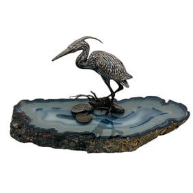 Bronze Egret Stork Bird Sculpture on Geode Slice