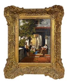 European Figural Courtyard Scene Oil Wood Painting