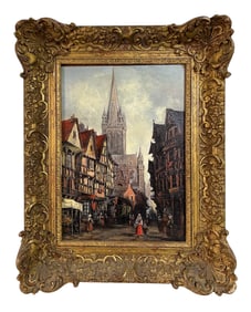 Figural Church Cathedral Street Scene Oil Painting